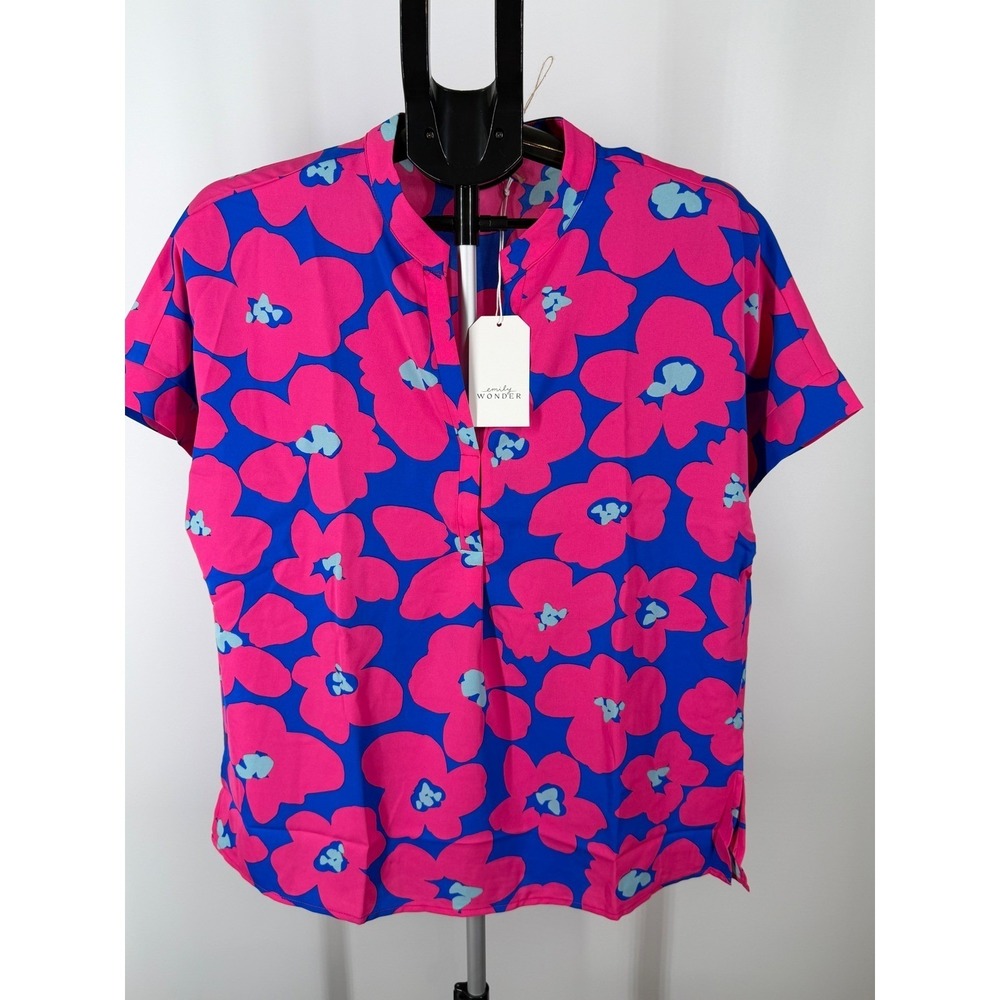 Emily Wonder Pink Blue Floral Split Neck‎ Peplum Back Blouse Top XL New